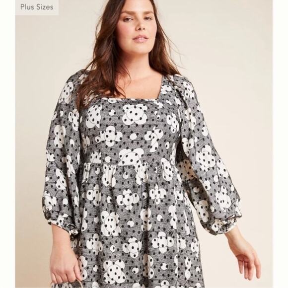 ANTHROPOLOGIE by Jane Black White Textured Floral Babydoll Dress Size 16 - Picture 2 of 16